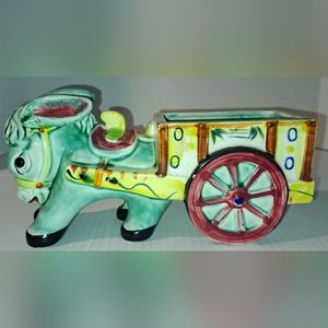 Vintage Japan Made 9.5" Ceramic Planter- Donkey Pulling Cart-Hand Painted